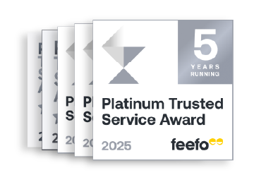 Five stacked award logos displaying the text 'Platinum Trusted Service Award 2025' to show ReduceMyExcess has won this Feefo award for five years running.
