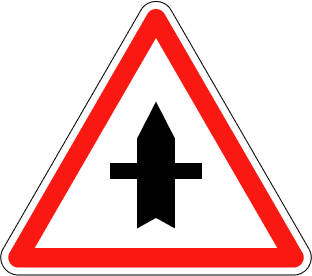Red triangle with a black arrow pointing upwards and a horizontal line intersecting it to show there is a junction ahead.
