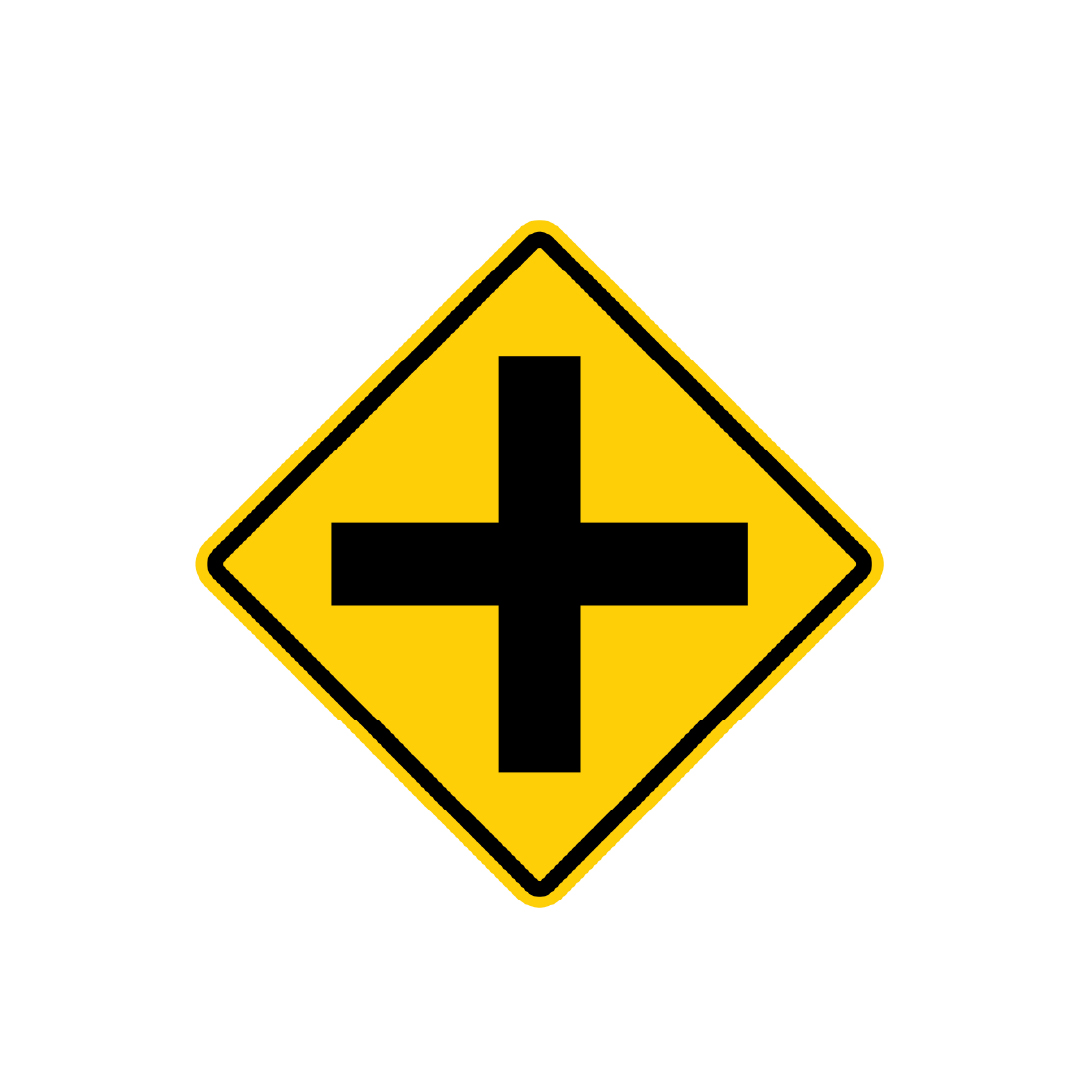 Yellow road sign with a bold black cross to warn of an upcoming intersection.