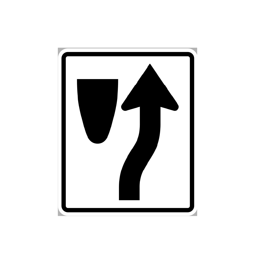 Black and white road sign indicating a curved arrow moving right around a black half-oval.
