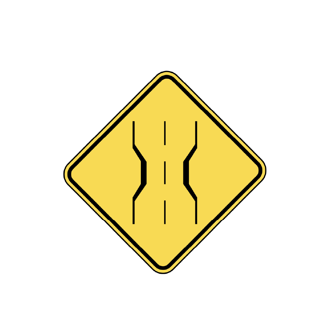 Yellow road sign with a black border, depicting two curving lines converging. 