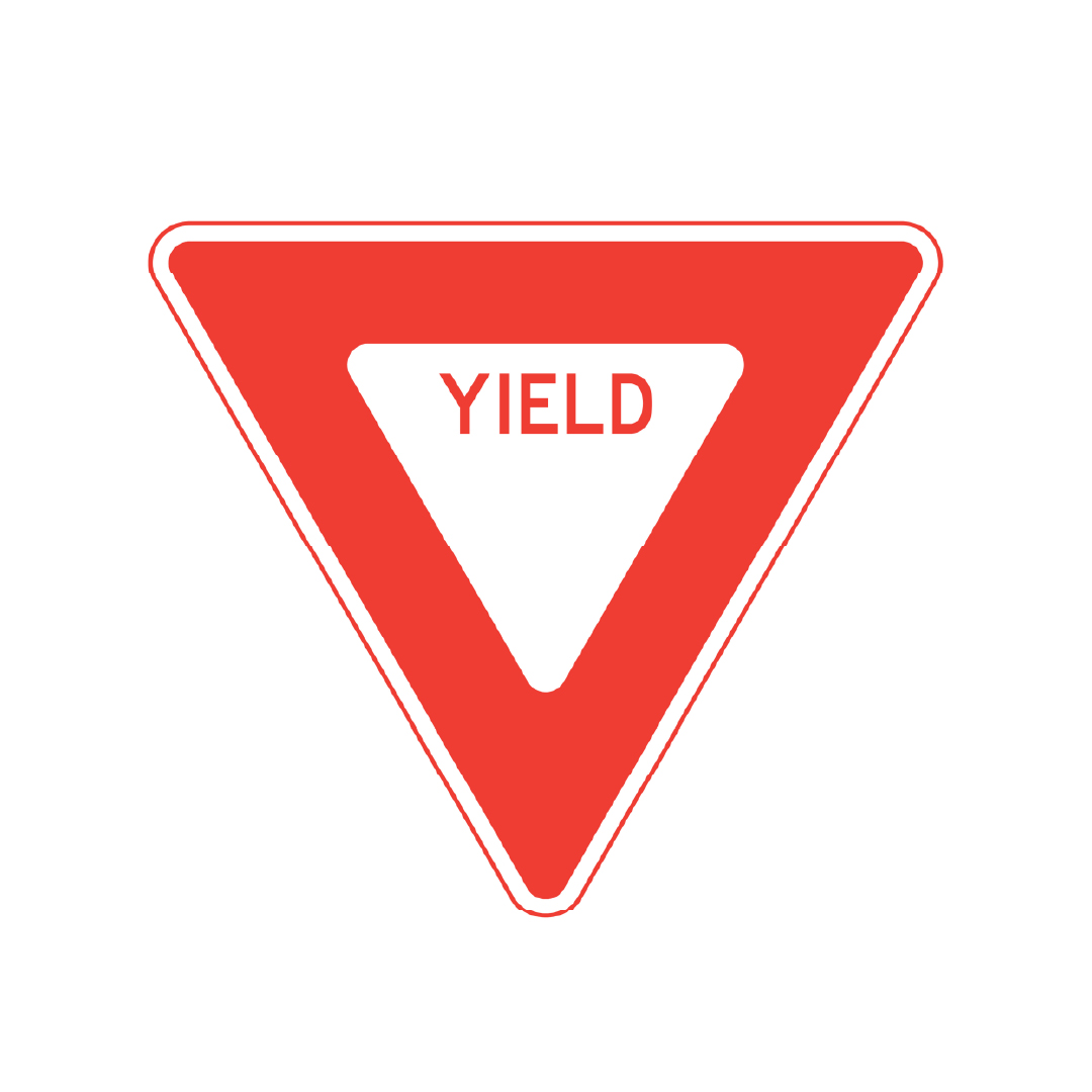 Red and white triangular road sign with the word "YIELD" in bold uppercase letters telling drivers to give way to oncoming traffic.