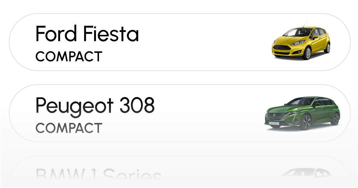 A yellow Ford Fiesta and a green Peugeot 308 are show in white ovals with their names in black bold text.