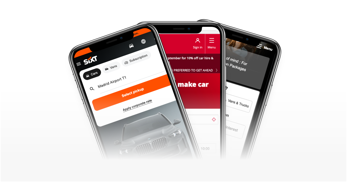 Three smartphones arranged in a fan shape each displaying a different car rental booking app interface.