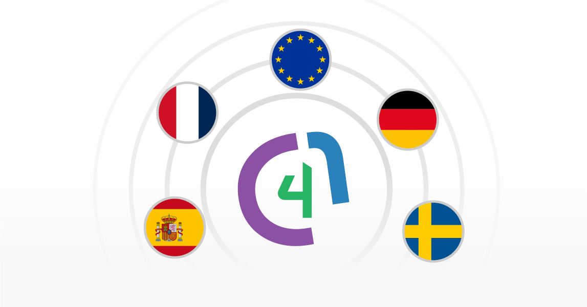 The logo of car rental excess company Cover4Rentals with European flags in circles around to demonstrate this is the site EU residents should visit.