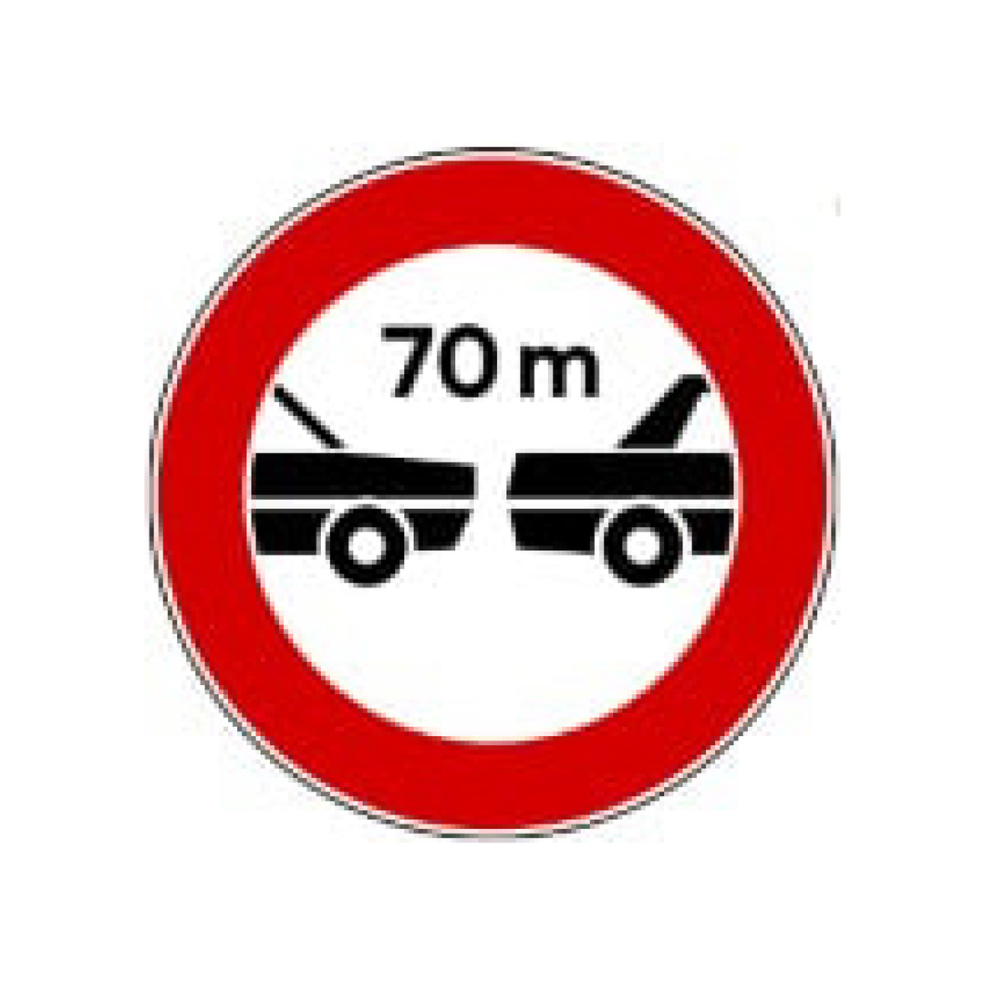 Red circle with two black cars facing each other and "70 m"  written above to highlight the minimum following distance.