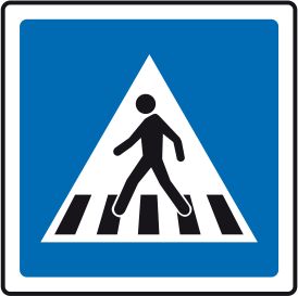 Blue road sign with a white triangle and black figure of a person walking on a crosswalk.