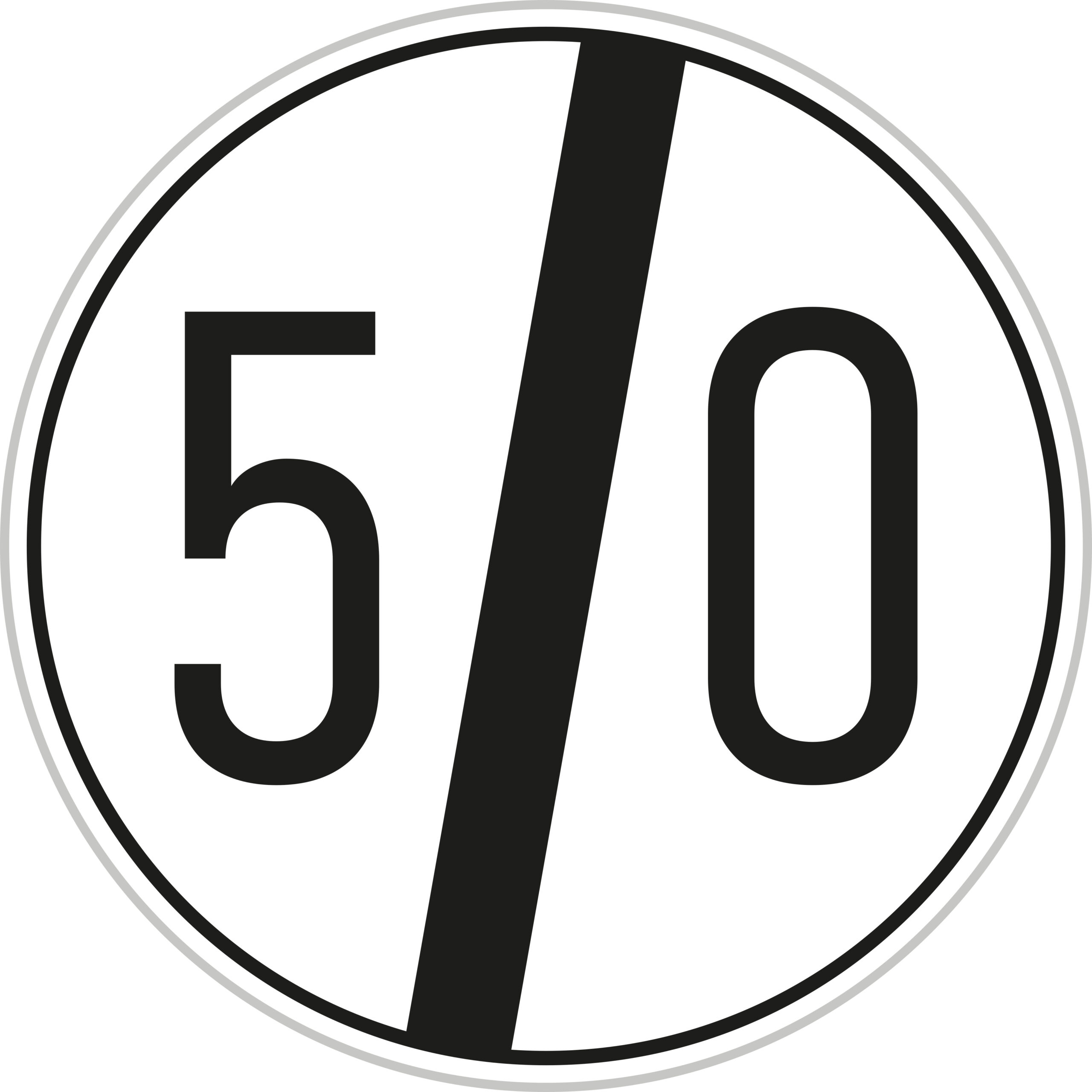 White circular road sign with the number '50' in the middle in black and a black diagonal line going through it.