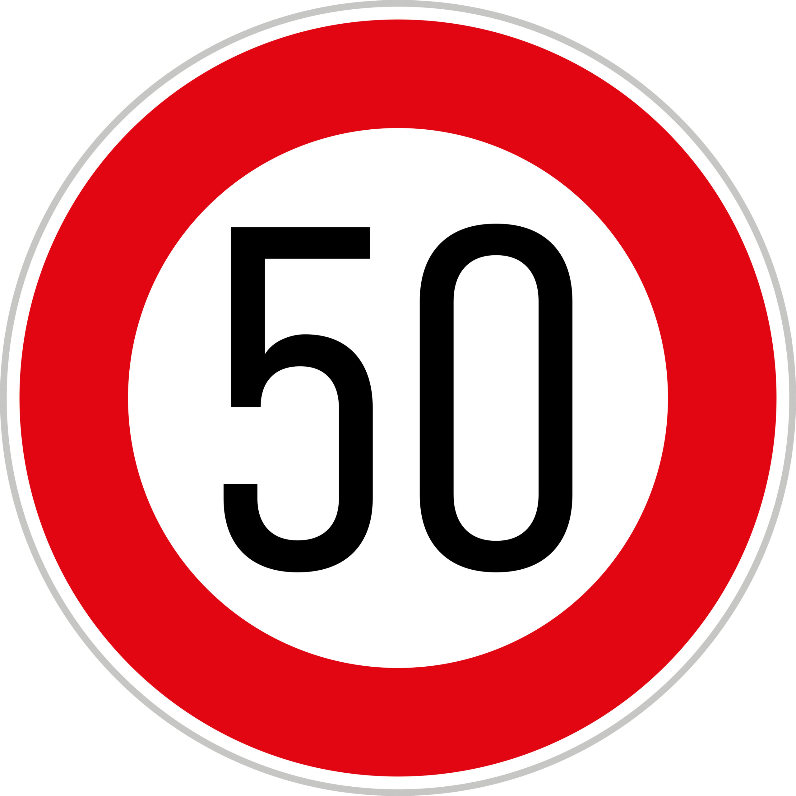 Red circular road sign with a white centre and a black number '50' in the middle to highlight the speed limit.