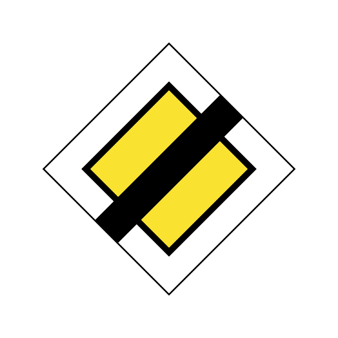 End-of-priority road traffic sign showing a yellow diamond with a black border crossed by a thick black diagonal stripe.