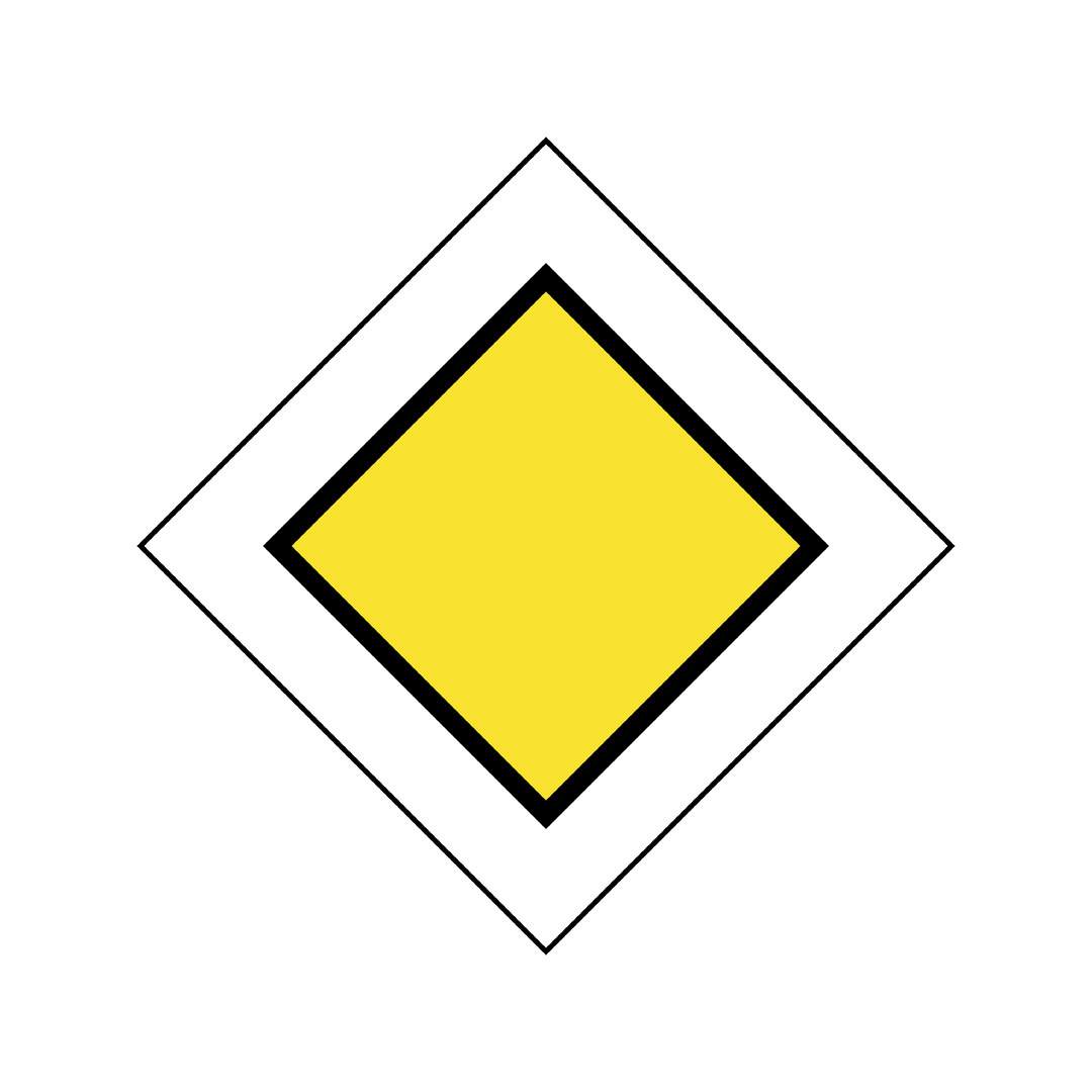 Start of priority road traffic sign showing a yellow diamond with a thick black border.