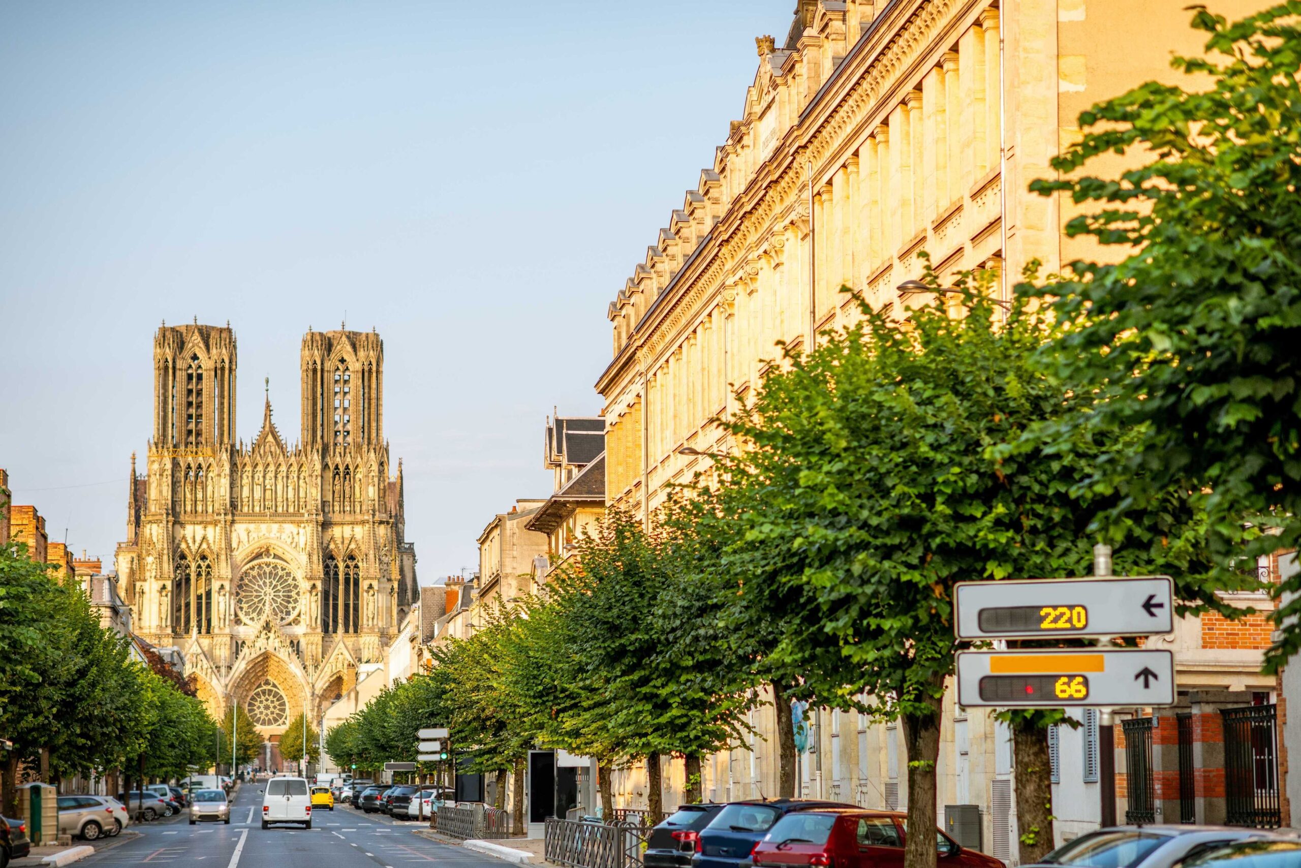 Street view of Reims with Notre Dame cathedral in view