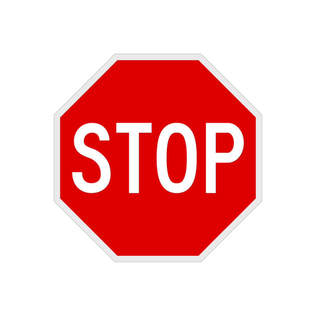 Red octagonal stop sign with white border and bold white letters spelling "STOP".