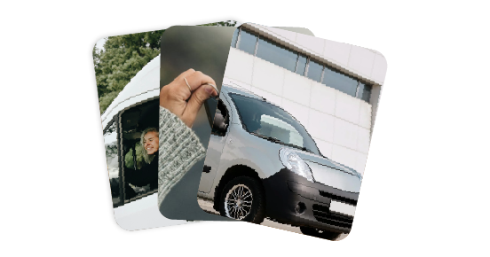 Fan of three photos: a woman smiling inside her van, a close-up of someone holding car keys, and a silver van parked outdoors.
