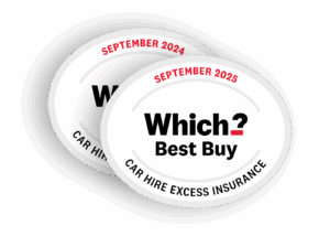 Two overlapping white oval badges displaying the text 'Which? Best Buy' for car hire excess insurance dated September 2024 and 2025.