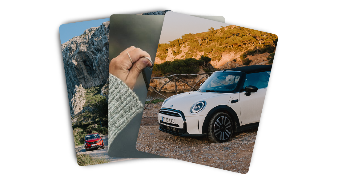 Three images fanned out with a picture of a white car on rocky terrain, a close up of a hand holding a key and a red car on a mountainous road.