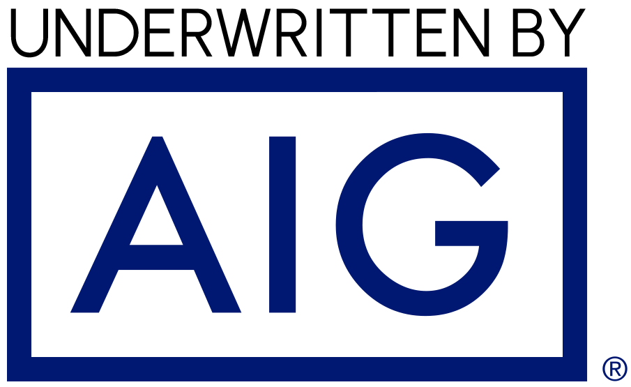 Logo displaying 'Underwritten by AIG' with 'AIG' in bold blue text centered in a rectangular frame.
