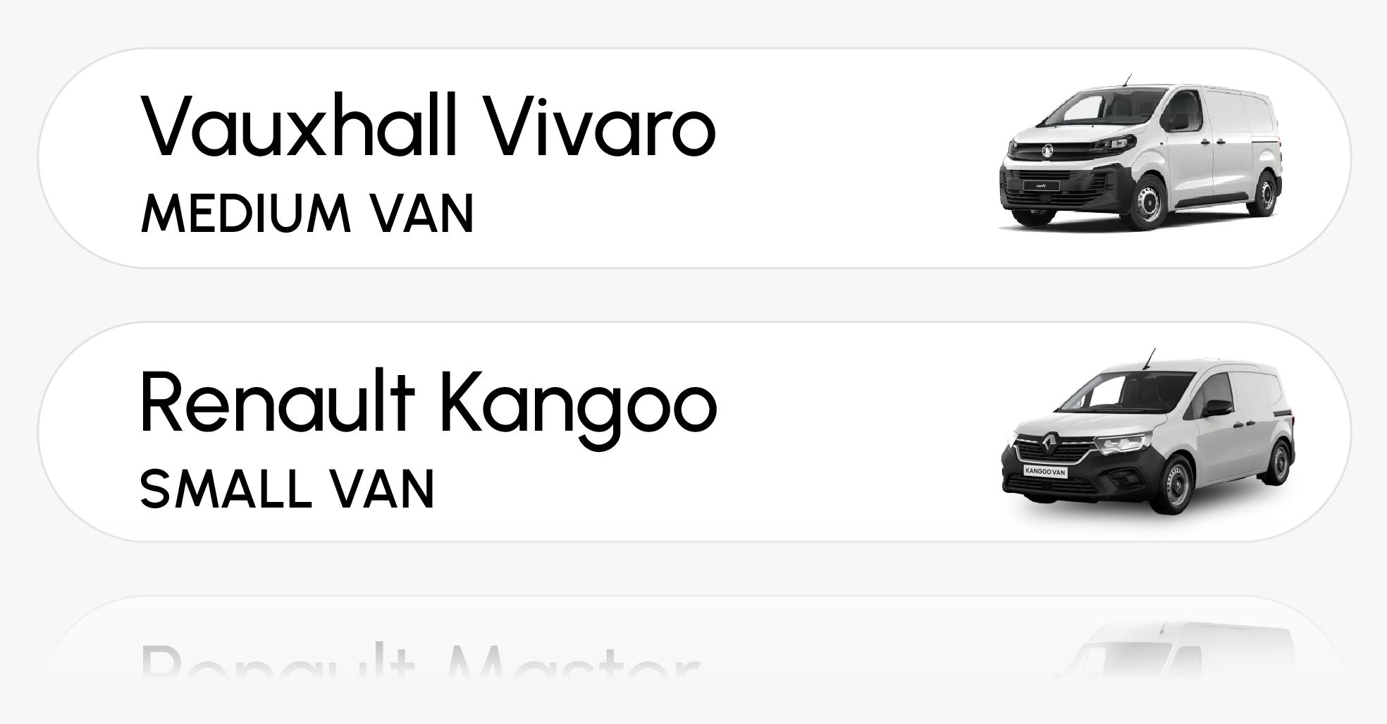 A white Vauxhall Vivaro Medium Van and a white Renault Kangoo Small Van are shown in white ovals with their names in black bold text.