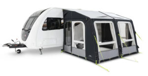 Dometic Rally AIR Pro caravan awning attached to side of touring caravan